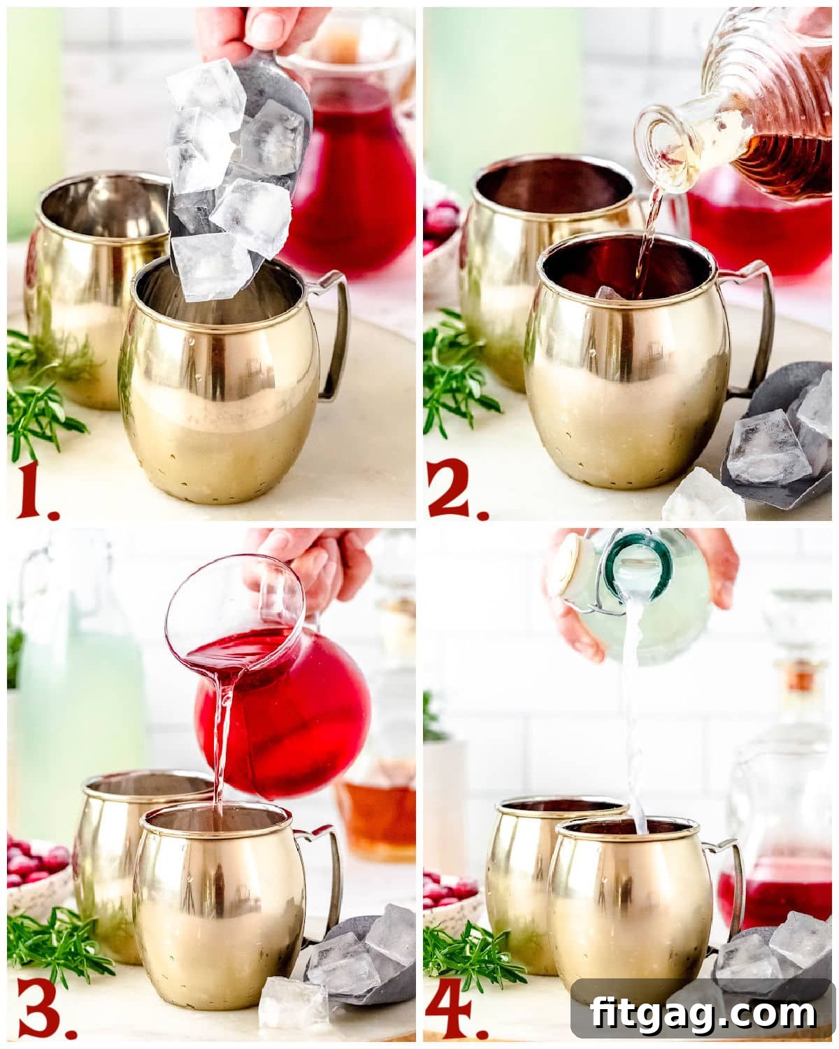 Crimson Moscow Mule 5 A four-image collage demonstrating the step-by-step process of making a Cranberry Moscow Mule.
