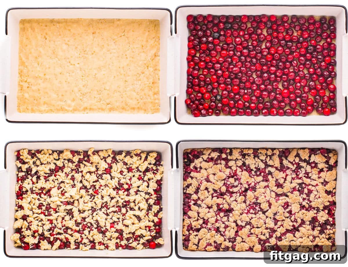 A four-image collage showing the step-by-step process of making cranberry bars, starting with mixing the crust, adding the filling, and sprinkling the topping before baking.
