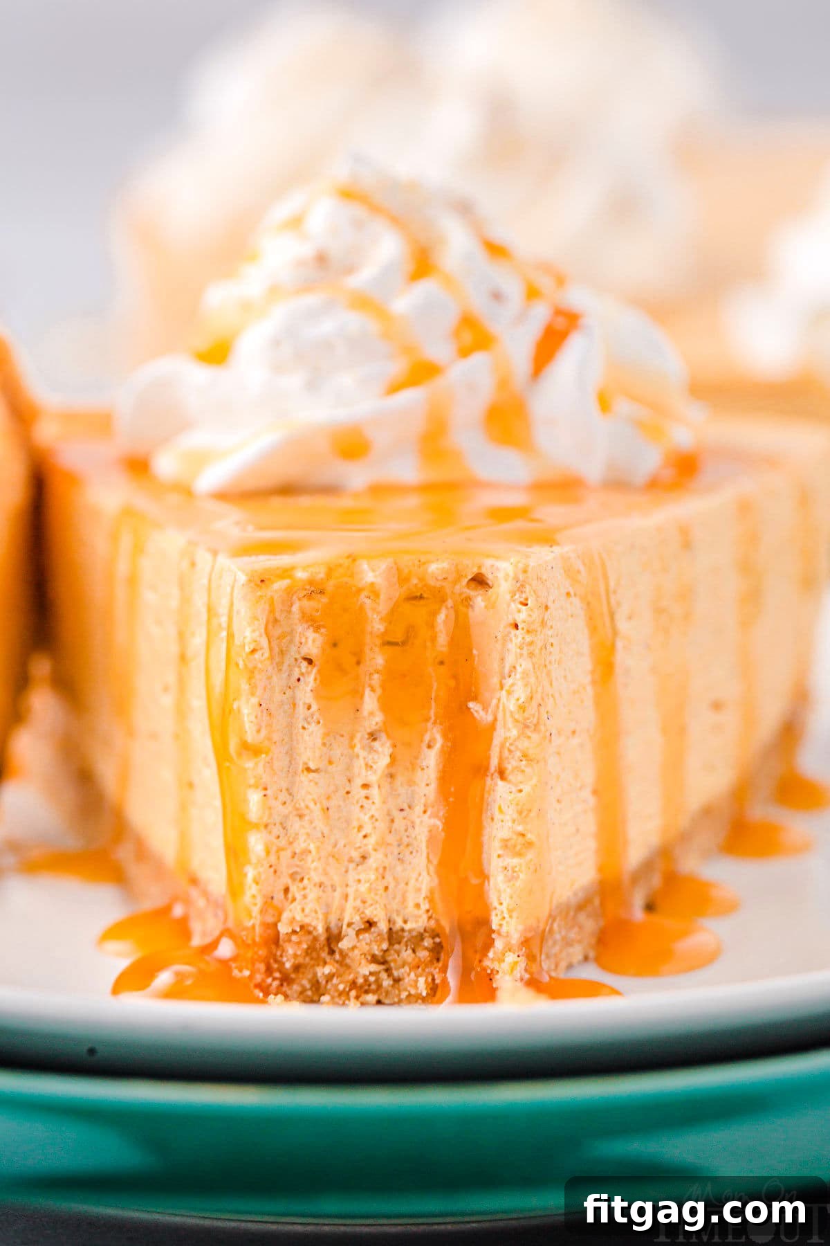 A delectable slice of no-bake pumpkin cheesecake, featuring a visible bite mark from a fork, indicating its creamy texture. It's garnished with whipped cream and a glistening caramel sauce on a simple plate.