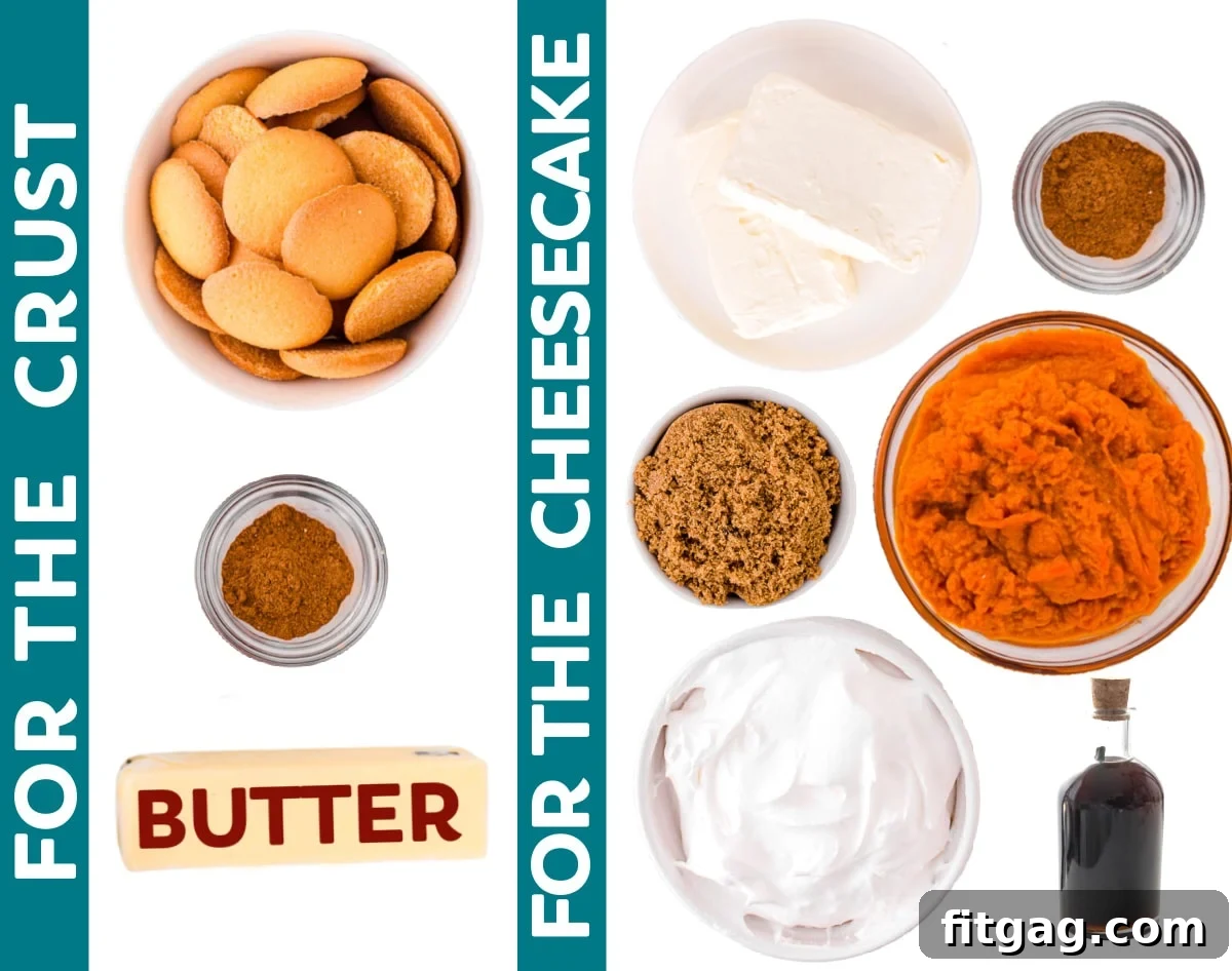 All the ingredients for a no-bake pumpkin cheesecake, neatly arranged on a countertop, ready for preparation.