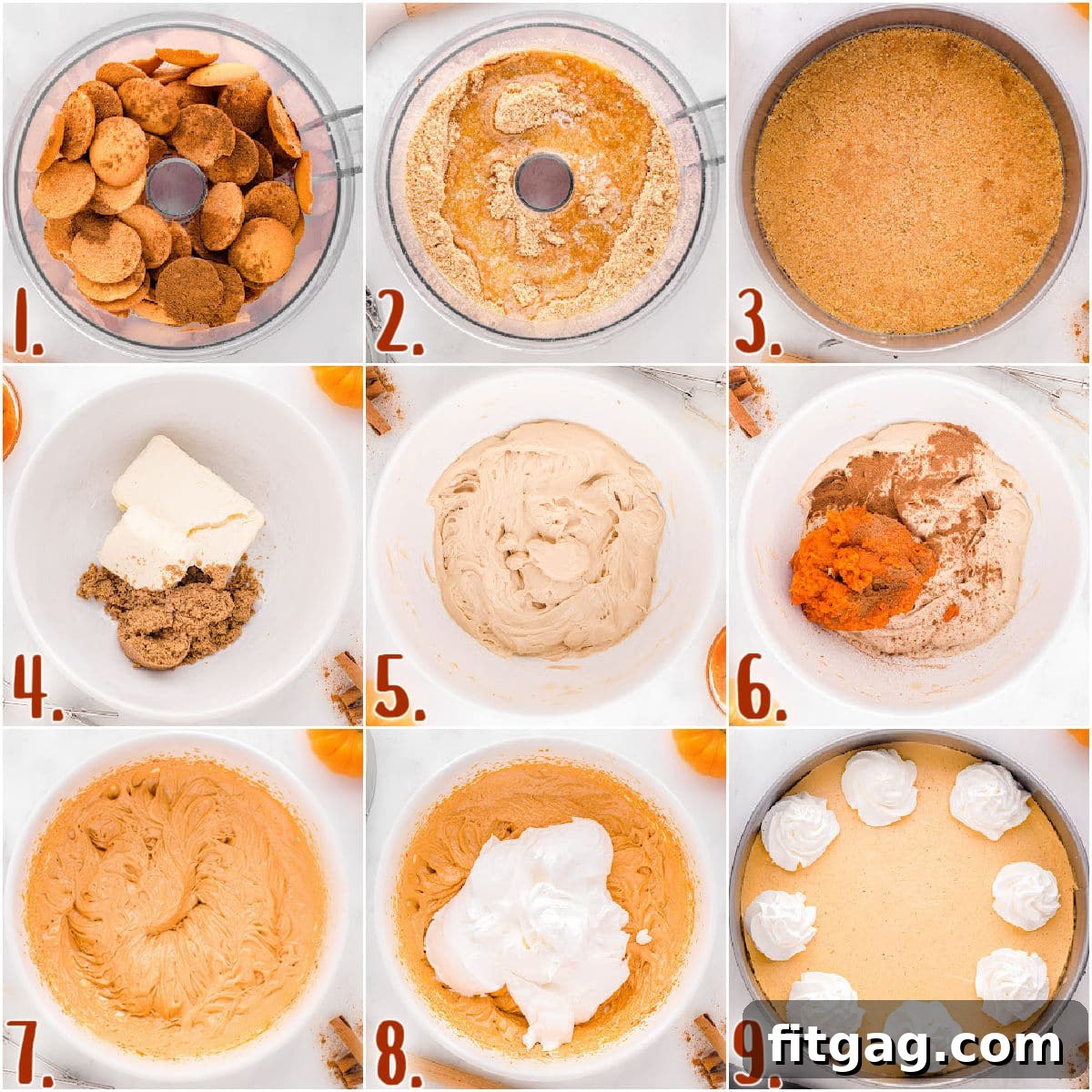 A nine-image collage illustrating the step-by-step process of making a no-bake pumpkin cheesecake, from preparing the crust to the final chilling.