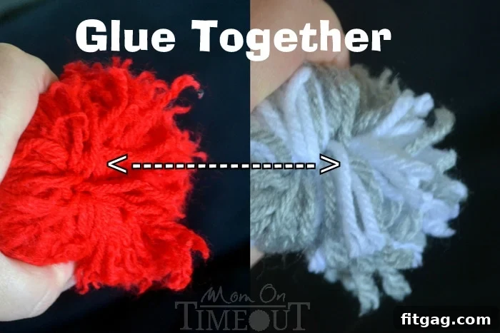 Fluffy Easter Bunny Craft 4 Instructional image showing how to hot glue two pom poms together to form the bunny's body and head.