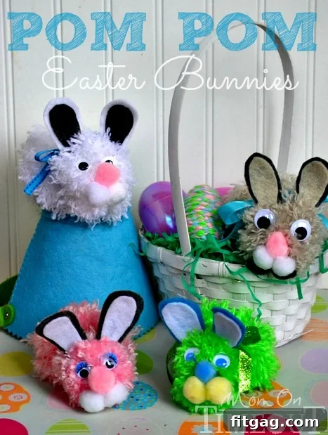 Variety of Pom Pom Easter Bunnies - Craft Guide for Spring Three different colored Pom Pom Easter Bunnies (white, pink, and gray) displayed together, showing variety.