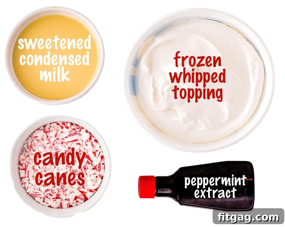A visual depiction of the four simple ingredients: sweetened condensed milk, peppermint extract, crushed candy canes, and whipped topping, laid out on a clean surface ready for making Peppermint Ice Cream.