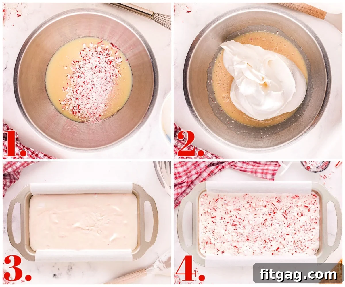 A four-image collage demonstrating the key steps to make peppermint ice cream: combining ingredients, folding in whipped topping, transferring to a pan, and sprinkling with candy canes.