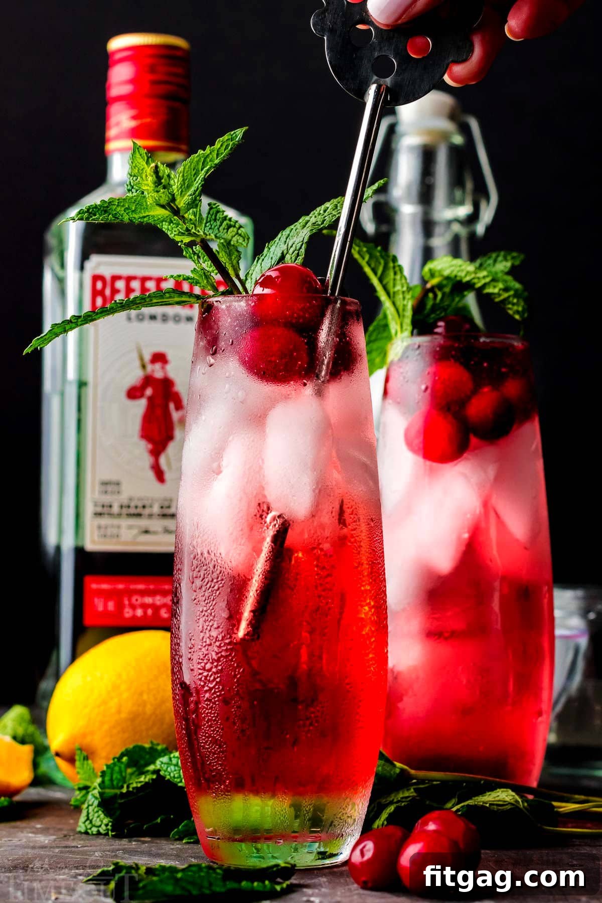 Crimson Gin Sparkler 3 A metal stirrer mixes a Cranberry Gin Cocktail in a glass, with another cocktail and a bottle of gin visible in the background, highlighting the preparation process.