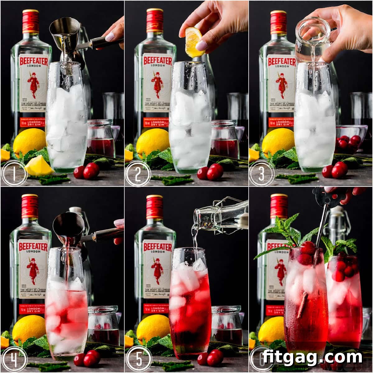 Crimson Gin Sparkler 5 A six-image collage illustrating the step-by-step process of making a Cranberry Gin Cocktail, from adding ice to garnishing the finished drink.