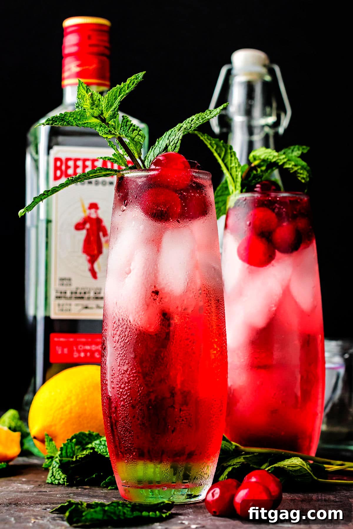 Crimson Gin Sparkler 6 Two Cranberry Gin Cocktails presented in front of a bottle of gin, beautifully garnished with fresh mint sprigs, with sliced lemons artfully arranged nearby.