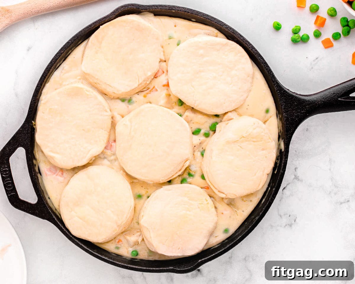 top down look at turkey pot pie in a cast iron skillet topped with biscuits.