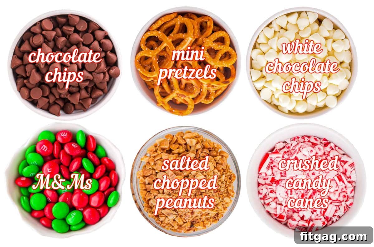 A vibrant display of Christmas bark ingredients, neatly measured out into small individual bowls, each clearly labeled for easy identification and preparation.