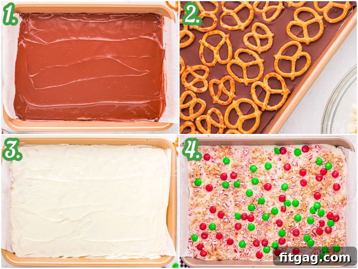 A four-image collage vividly illustrating the step-by-step process of making delicious Christmas chocolate bark, guiding viewers through each stage of preparation.