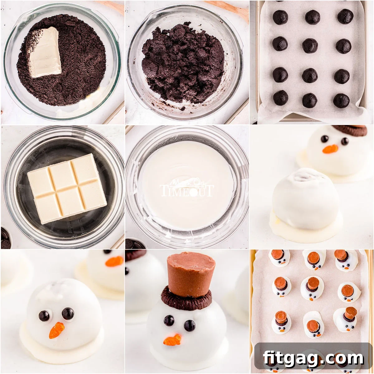 Disappearing Snowman Oreo Truffles 4 nine image collage showing how to make snowman oreo balls.