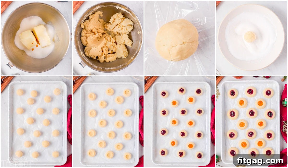eight image collage showing how to make thumbprint cookies step by step.