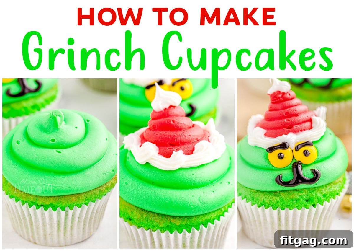 three image collage showing how to make grinch cupcakes.
