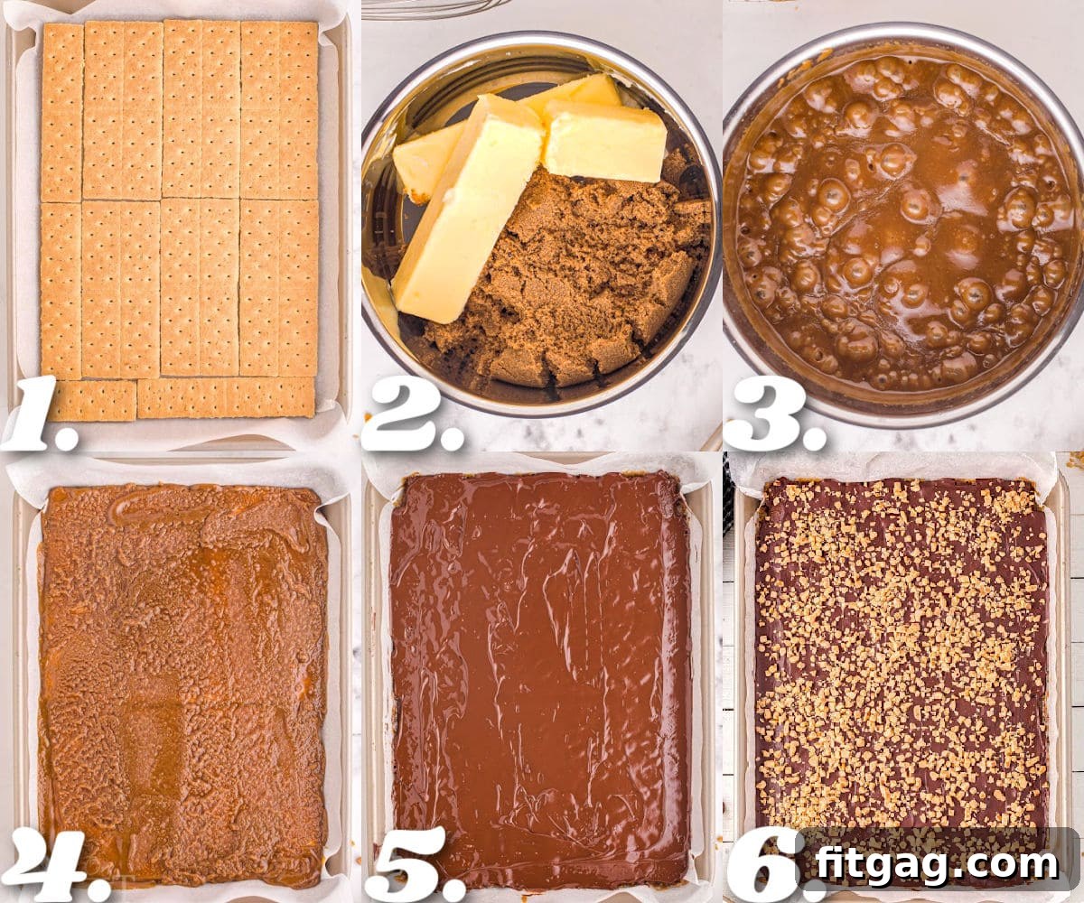 Graham Toffee Crunch 4 A six-image collage showing how to make graham cracker toffee step by step, from arranging crackers to spreading chocolate.