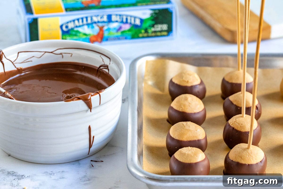 Ohio's Buckeye Story 7 A baking sheet laden with buckeye candy, captured in the midst of being artfully dipped into a bowl of perfectly melted chocolate.