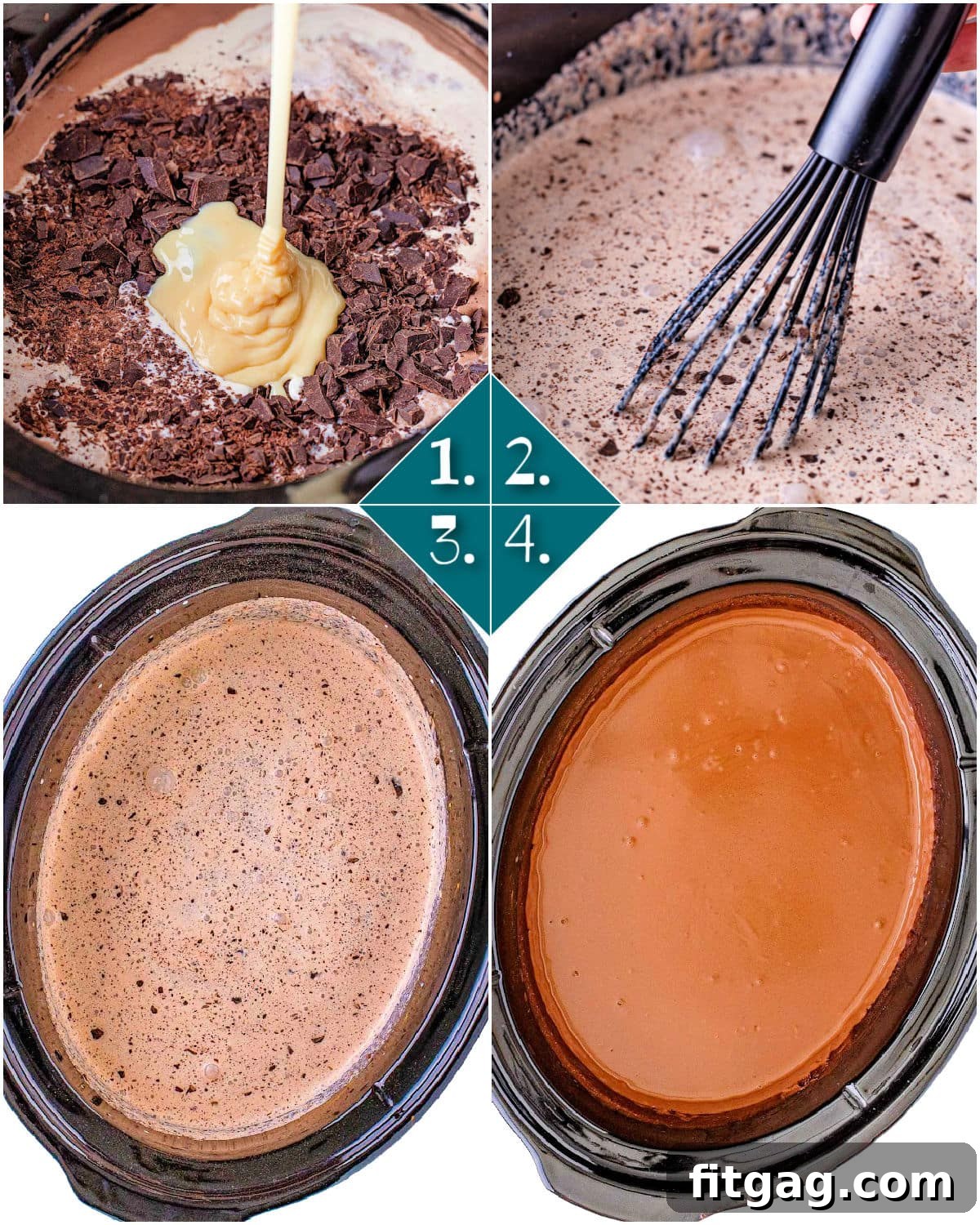 A four-image collage demonstrating the step-by-step process of making crockpot hot chocolate, from combining ingredients to the final product.