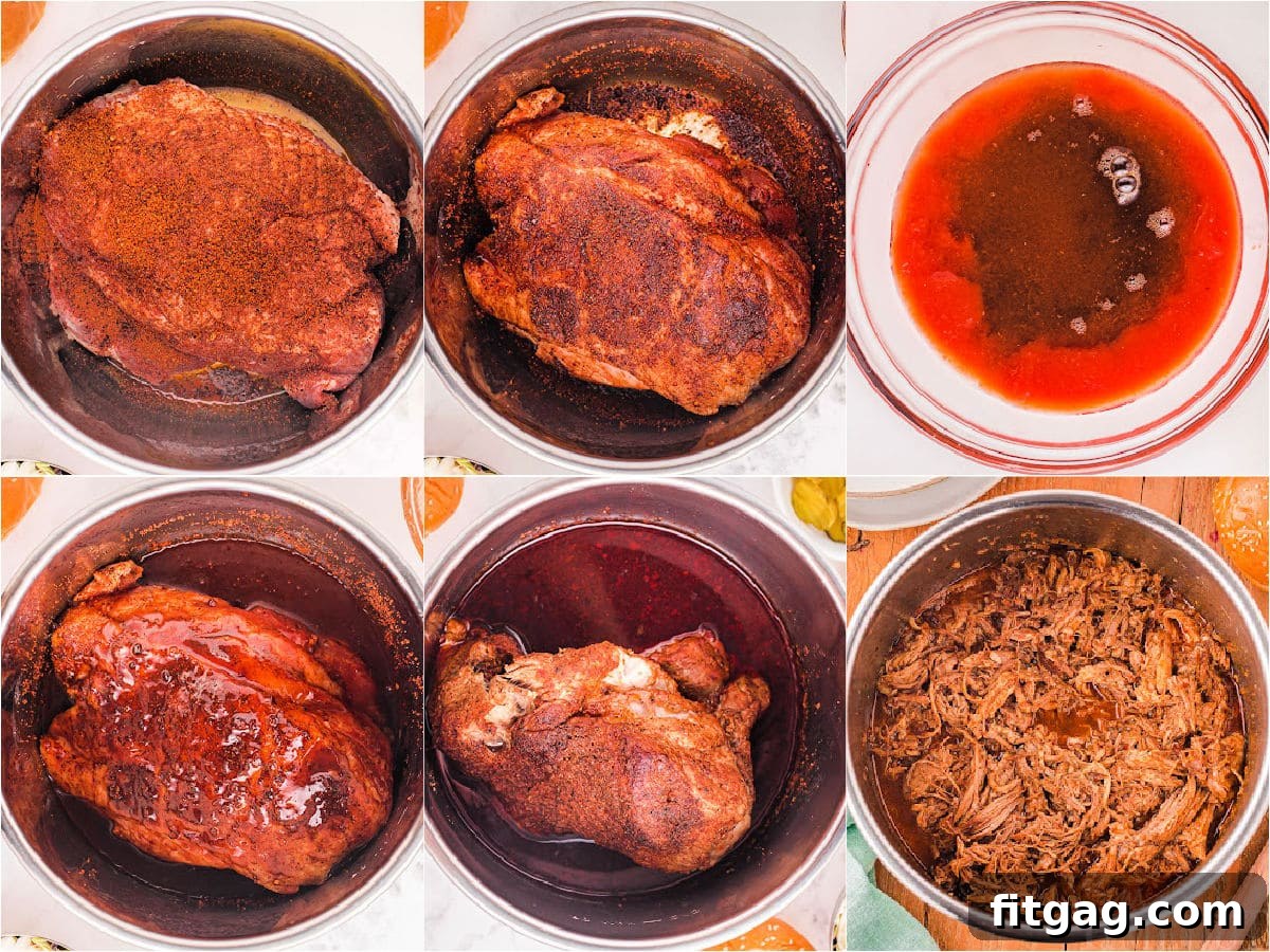 A six-image collage illustrating the step-by-step process of making Instant Pot pulled pork, from seasoning the meat to shredding it.
