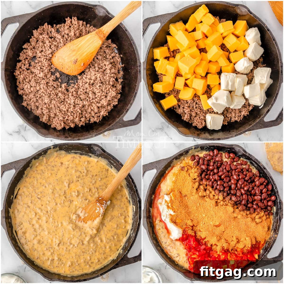 Irresistible Rotel Dip 4 four image collage showing how to make rotel dip.