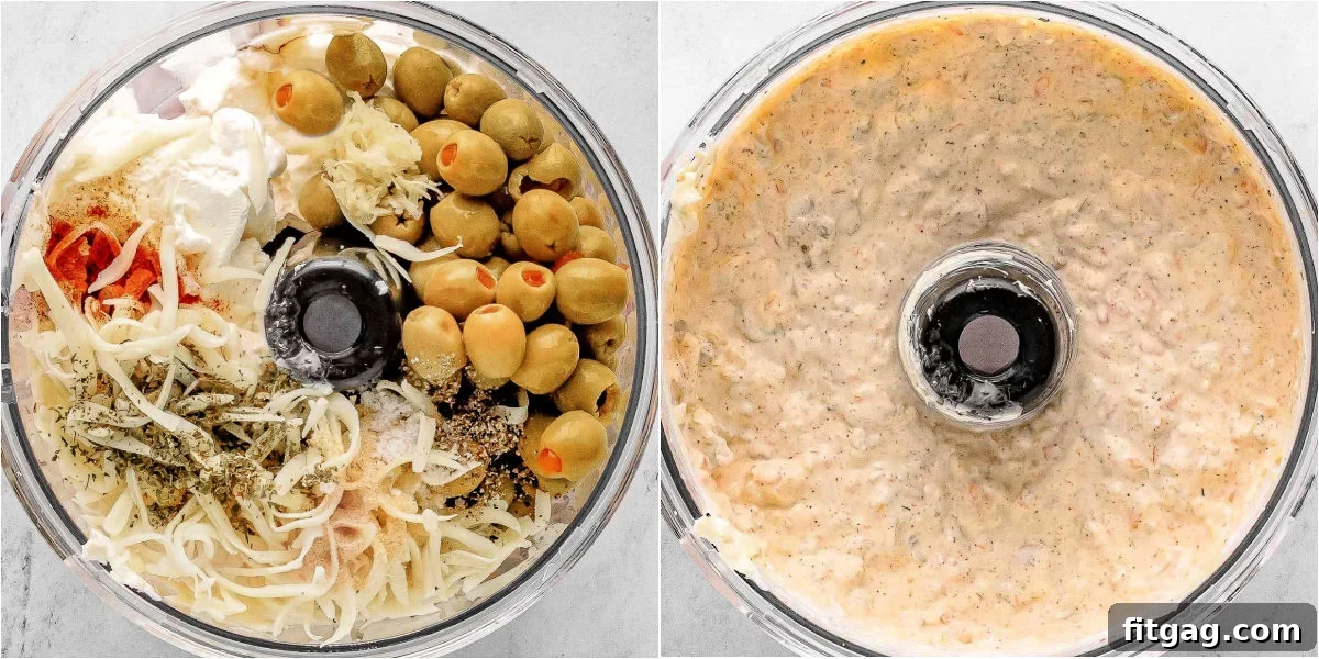 Rich Olive Spread 4 Two image collage showing olive dip ingredients in a food processor and then the ingredients blended together.