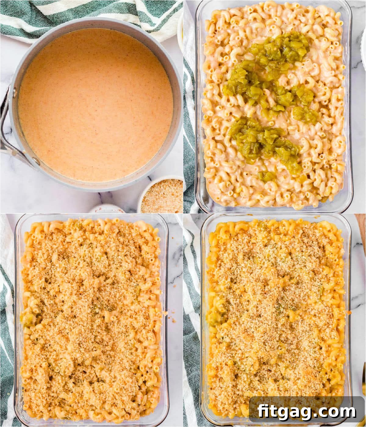 four image collage showing how to make green chile mac and cheese step by step.
