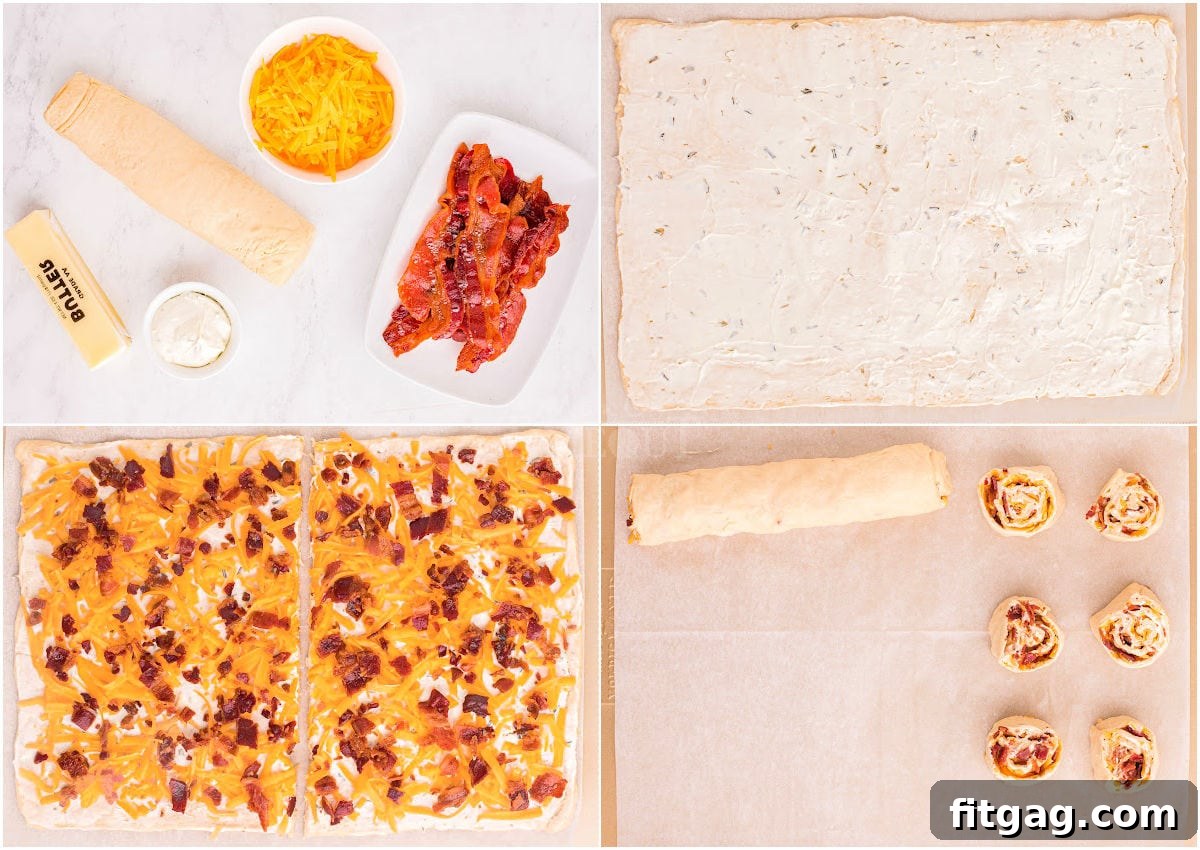 Cheesy Bacon Pinwheel Bites 4 A four-image collage demonstrating the step-by-step process of making cheddar bacon pinwheels, from unrolling the dough to rolling and slicing.