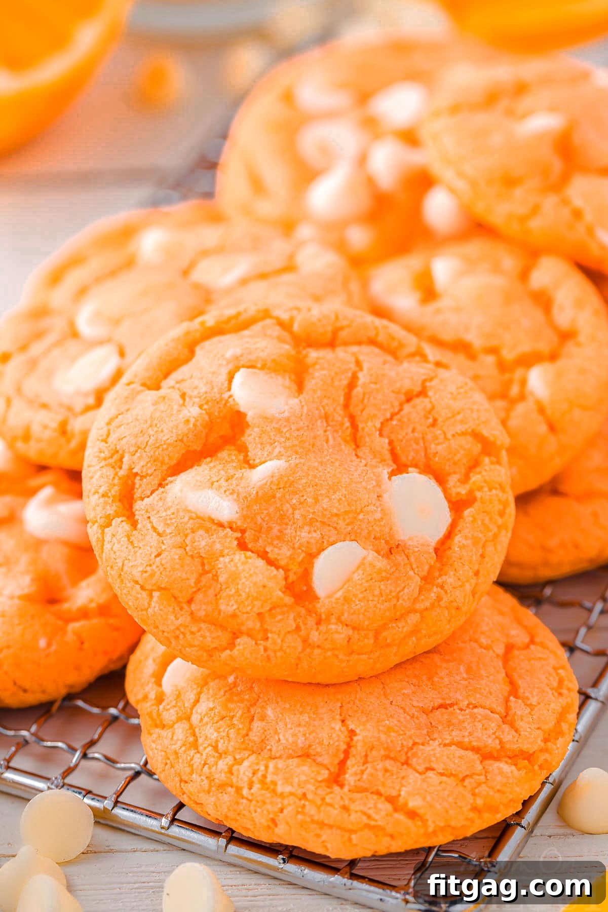A batch of freshly baked orange creamsicle cookies cooling on a wire rack, with extra white chocolate chips scattered artfully around them, highlighting their key ingredient.