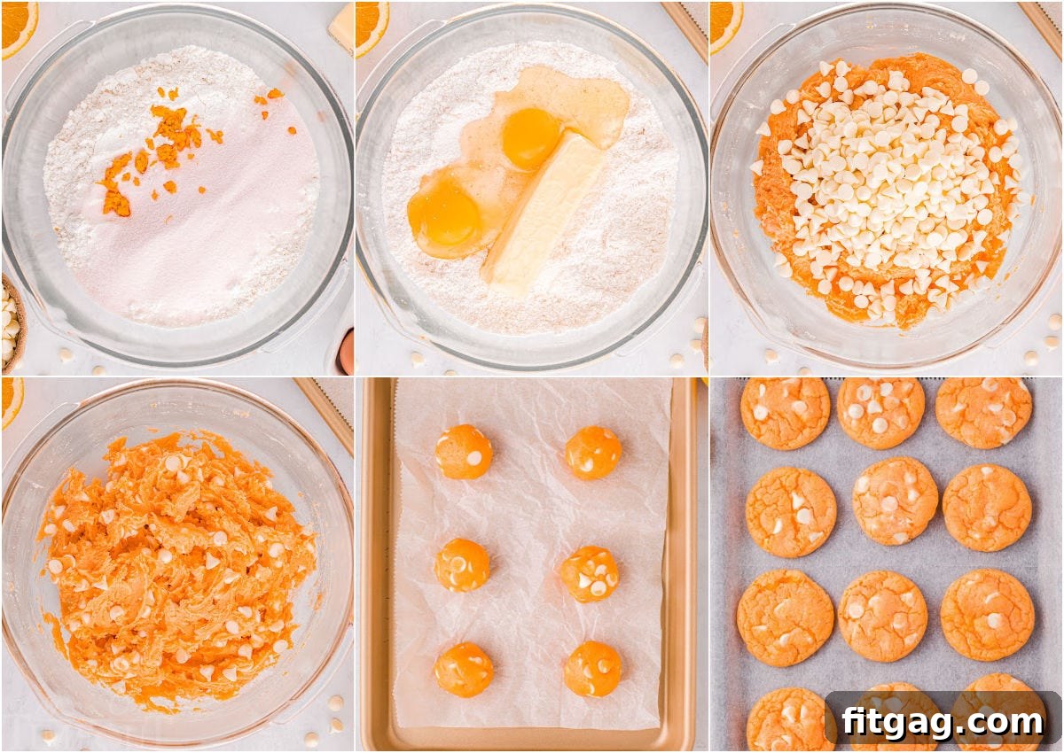 A six-image collage demonstrating the step-by-step process of making orange cookies, from mixing ingredients to scooping dough and baking.