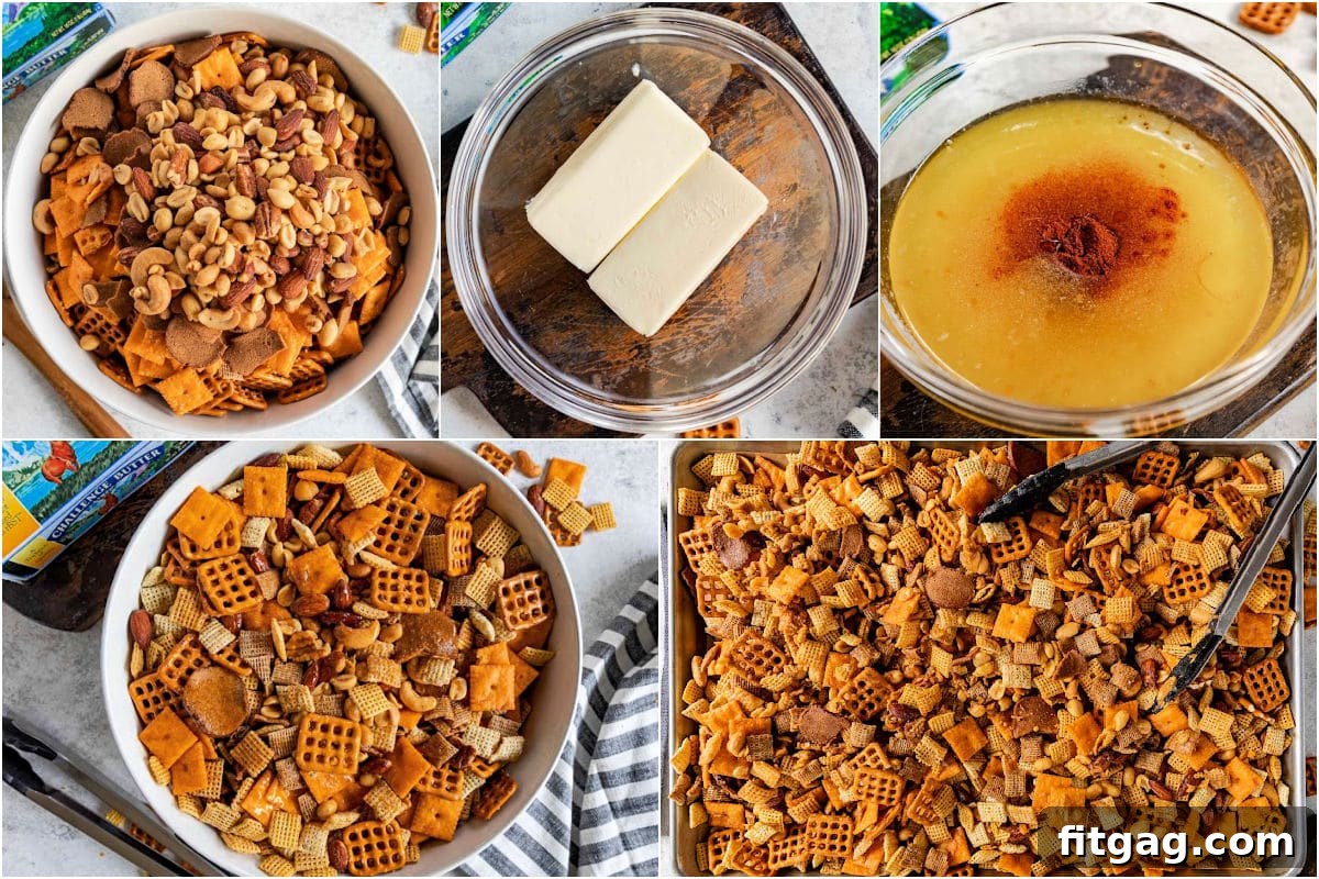 A five-image collage illustrating the step-by-step process of making Chex Mix, from mixing ingredients to the final baked product.