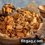 A large wooden bowl filled with Chex Mix, featuring a metal cup scooping out the delicious snack.