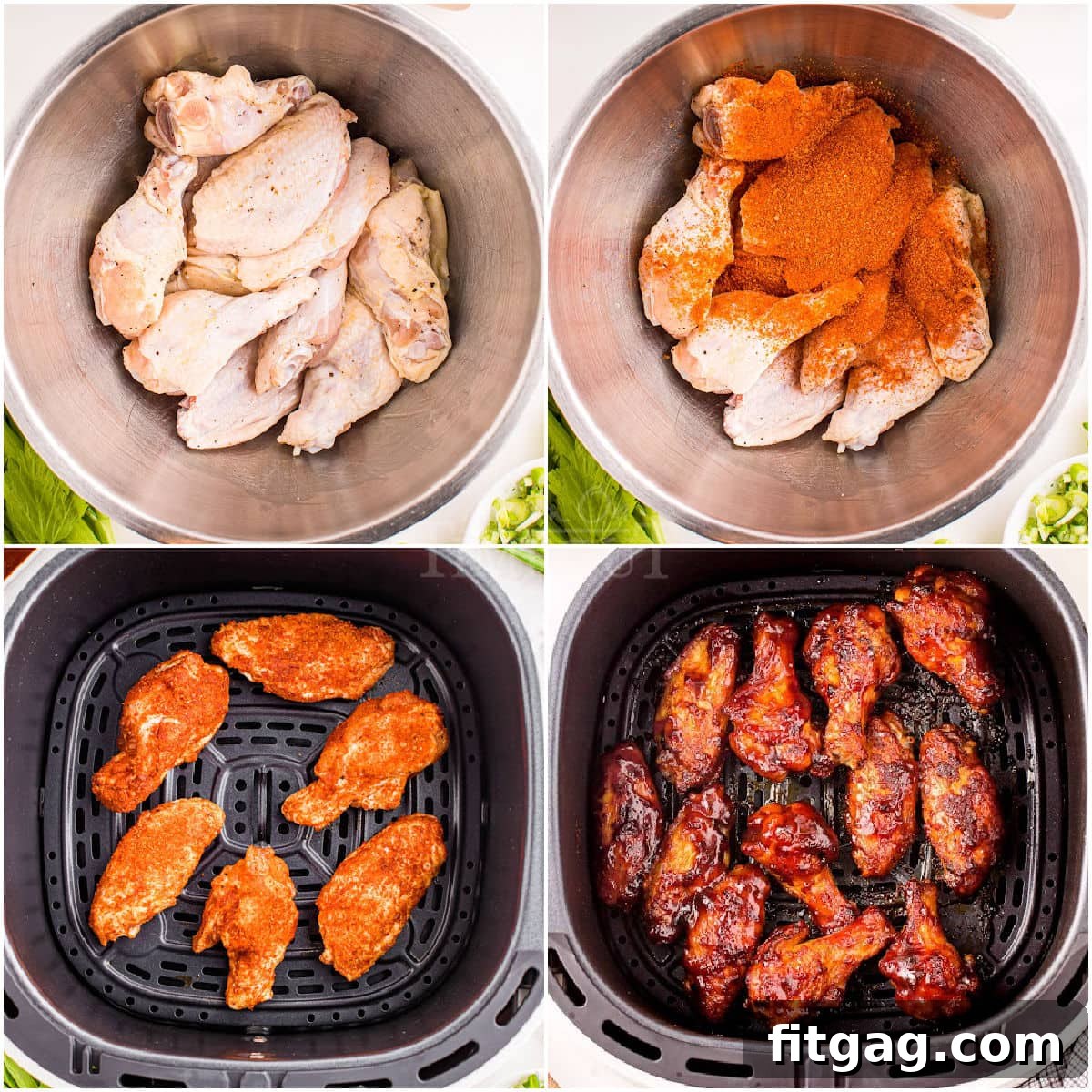 A four-image collage demonstrating the steps to make chicken wings in an air fryer, from seasoning to frying and saucing.