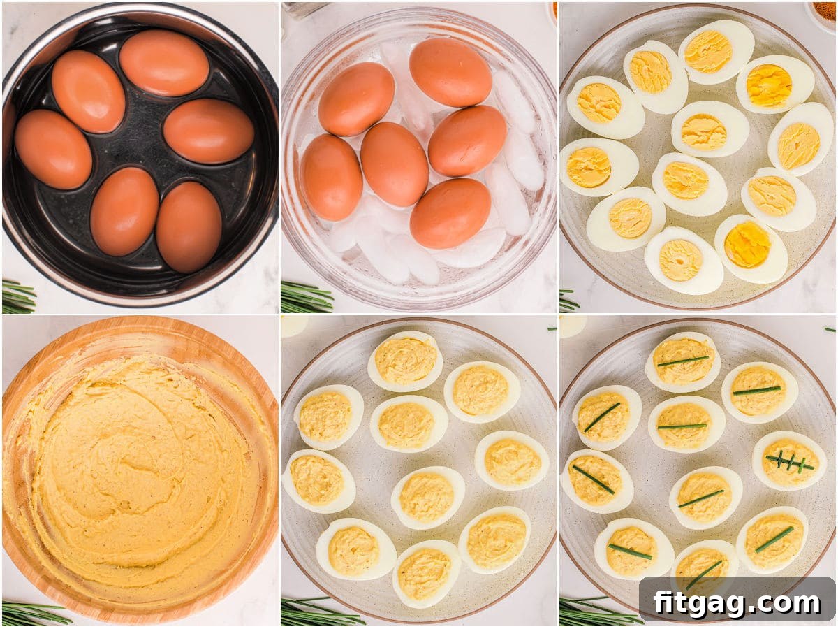 A six-image collage showing the step-by-step process of making football deviled eggs.