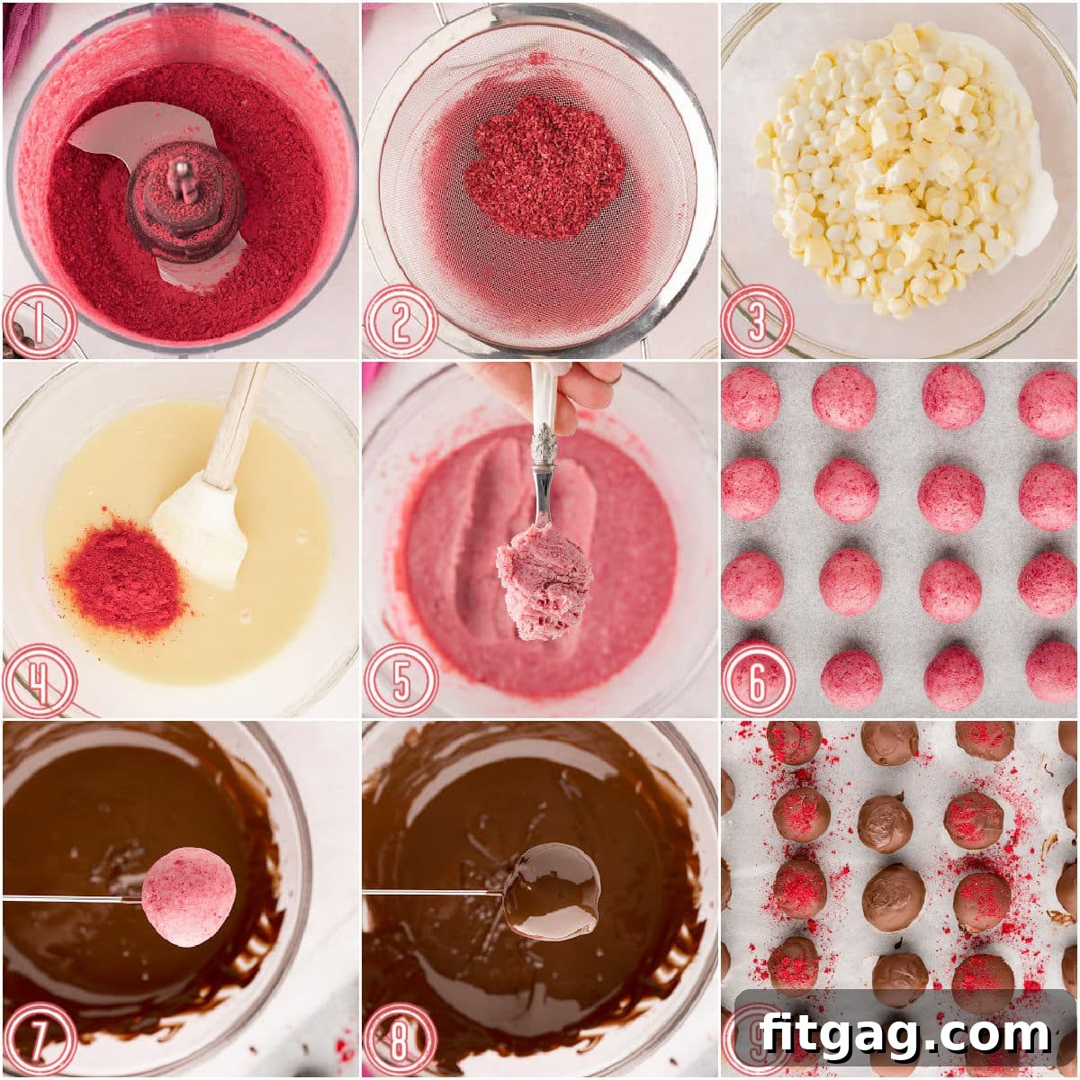 A nine-image collage illustrating the step-by-step process of making raspberry truffles, from preparing ingredients to dipping and garnishing the finished candies.