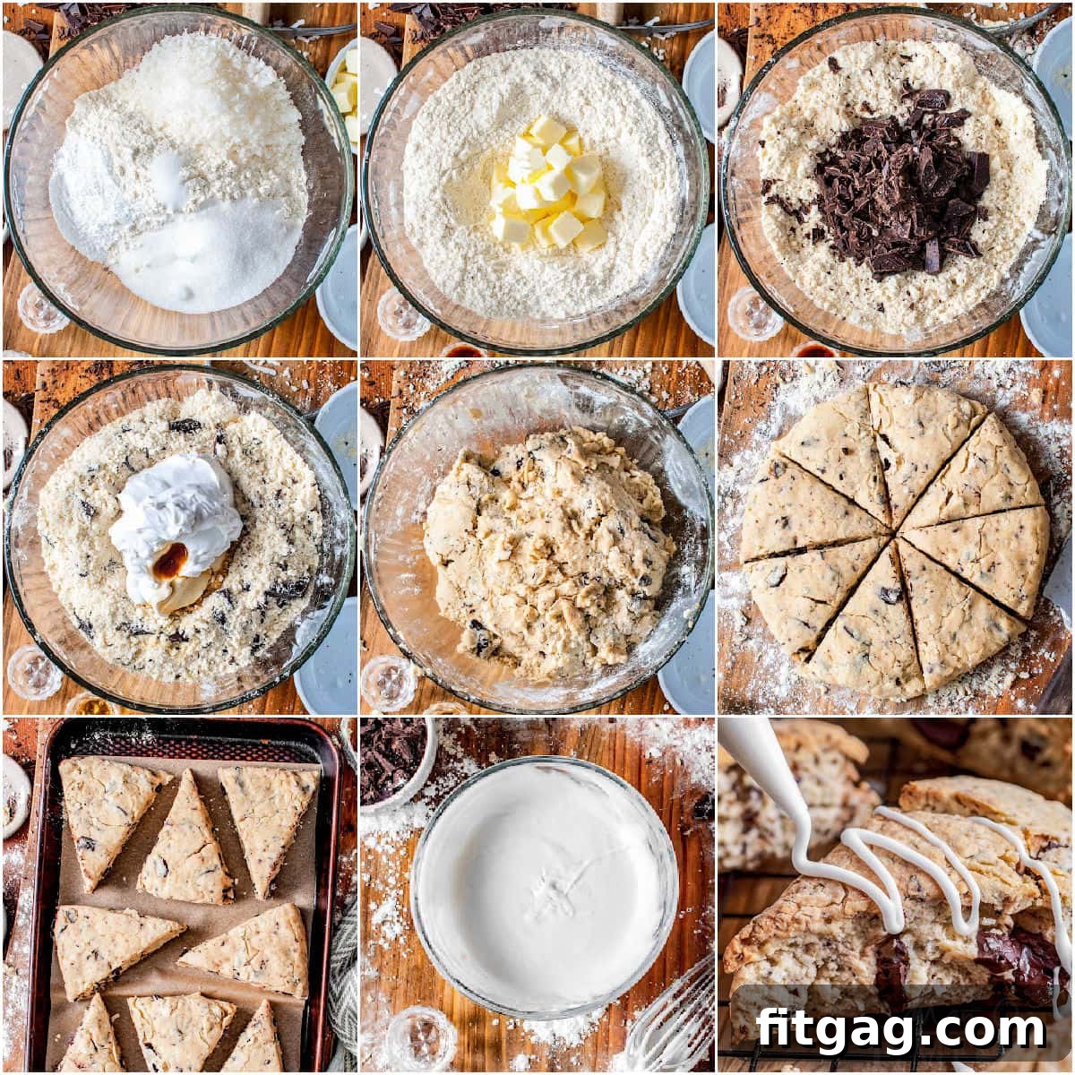 A nine-image collage illustrating the step-by-step process of making chocolate coconut scones, from mixing ingredients to shaping the dough and applying the icing, providing clear visual guidance.