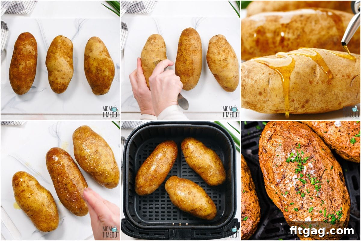 A six-image collage illustrating the step-by-step process of making a baked potato in an air fryer, from prep to serving.
