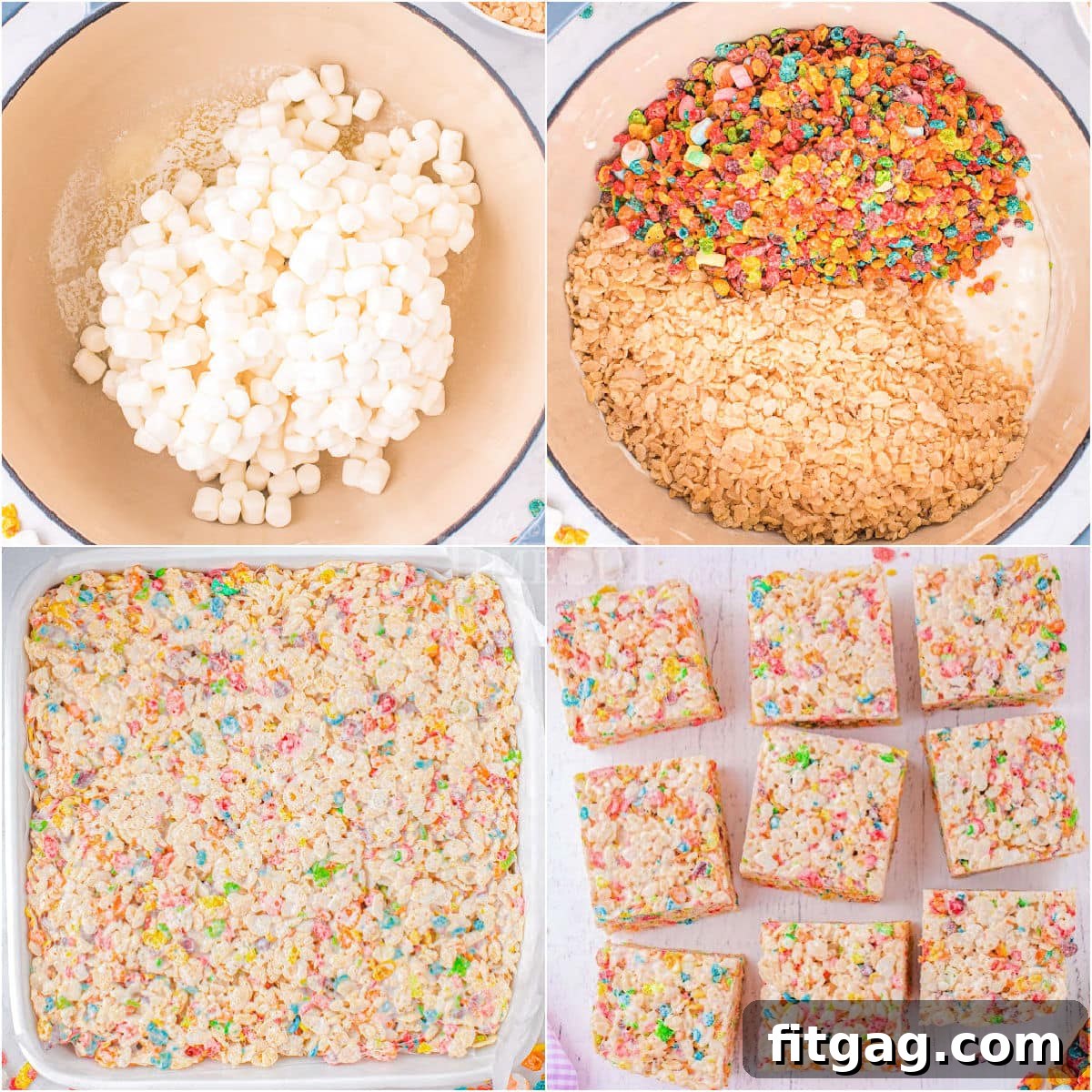 Vibrant Rainbow Krispie Bars 4 A four-image collage demonstrating the step-by-step process of making colorful Rainbow Rice Krispie Treats.