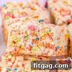 Vibrant Rainbow Krispie Bars 6 colorful rainbow rice krispie treats cut into squares and ready to enjoy.