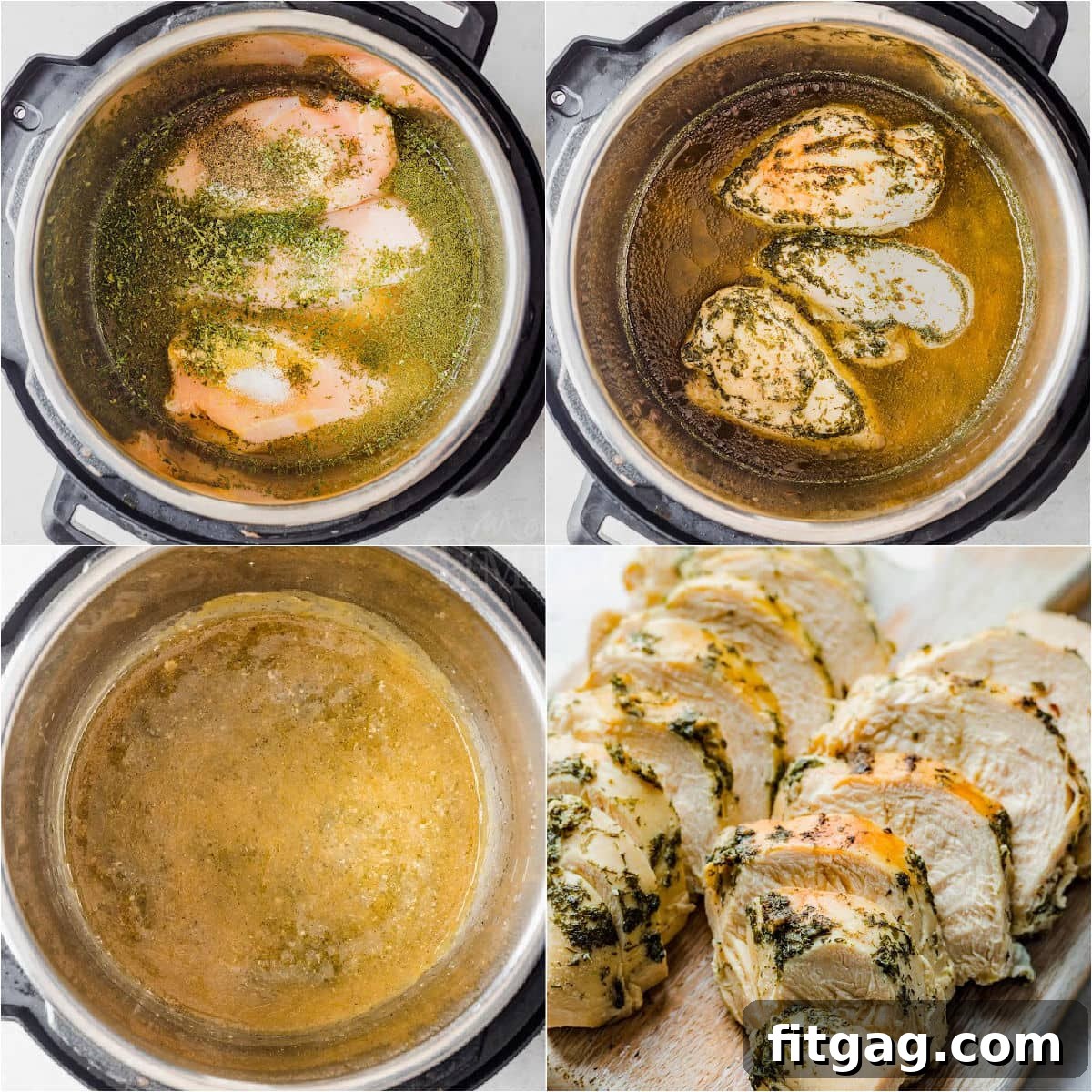 four image collage showing how to make chicken breasts in instant pot.