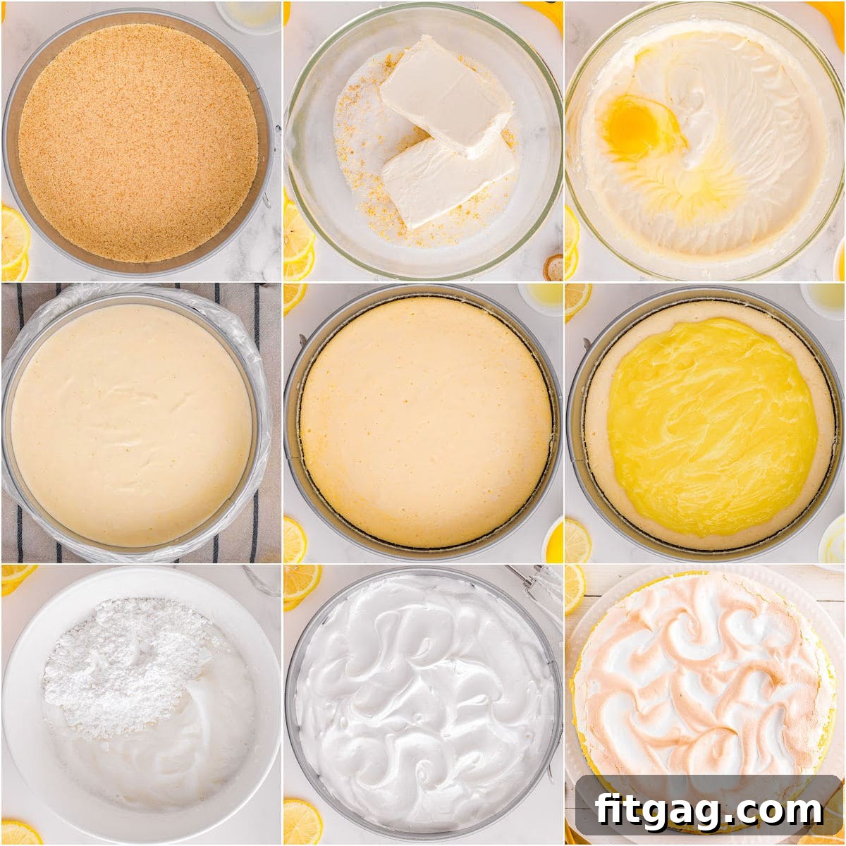 A nine-image collage demonstrating the step-by-step process of making the lemon meringue cheesecake.