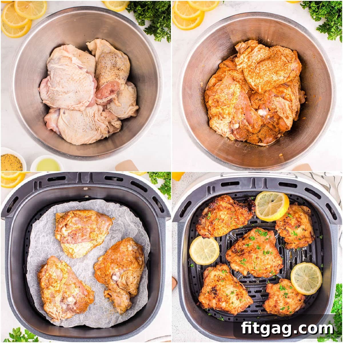 A four-panel collage illustrating the step-by-step process of cooking chicken thighs in an air fryer, from seasoning to perfectly cooked.