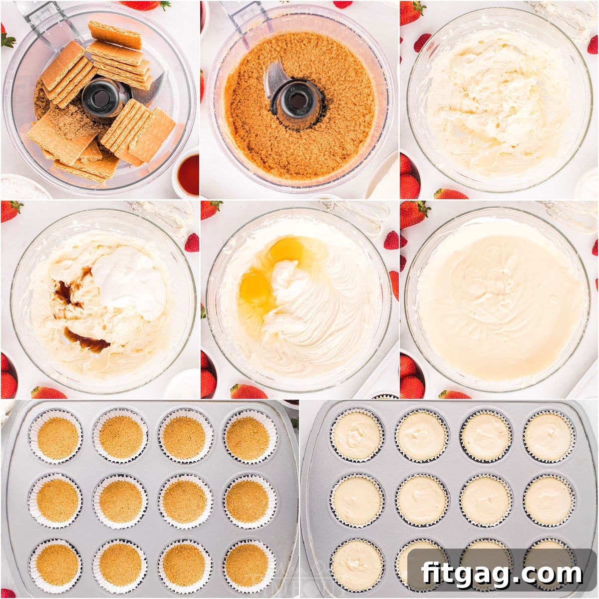 An eight-image collage showcasing the step-by-step process of making mini cheesecakes, from preparing the crust to the final topping.