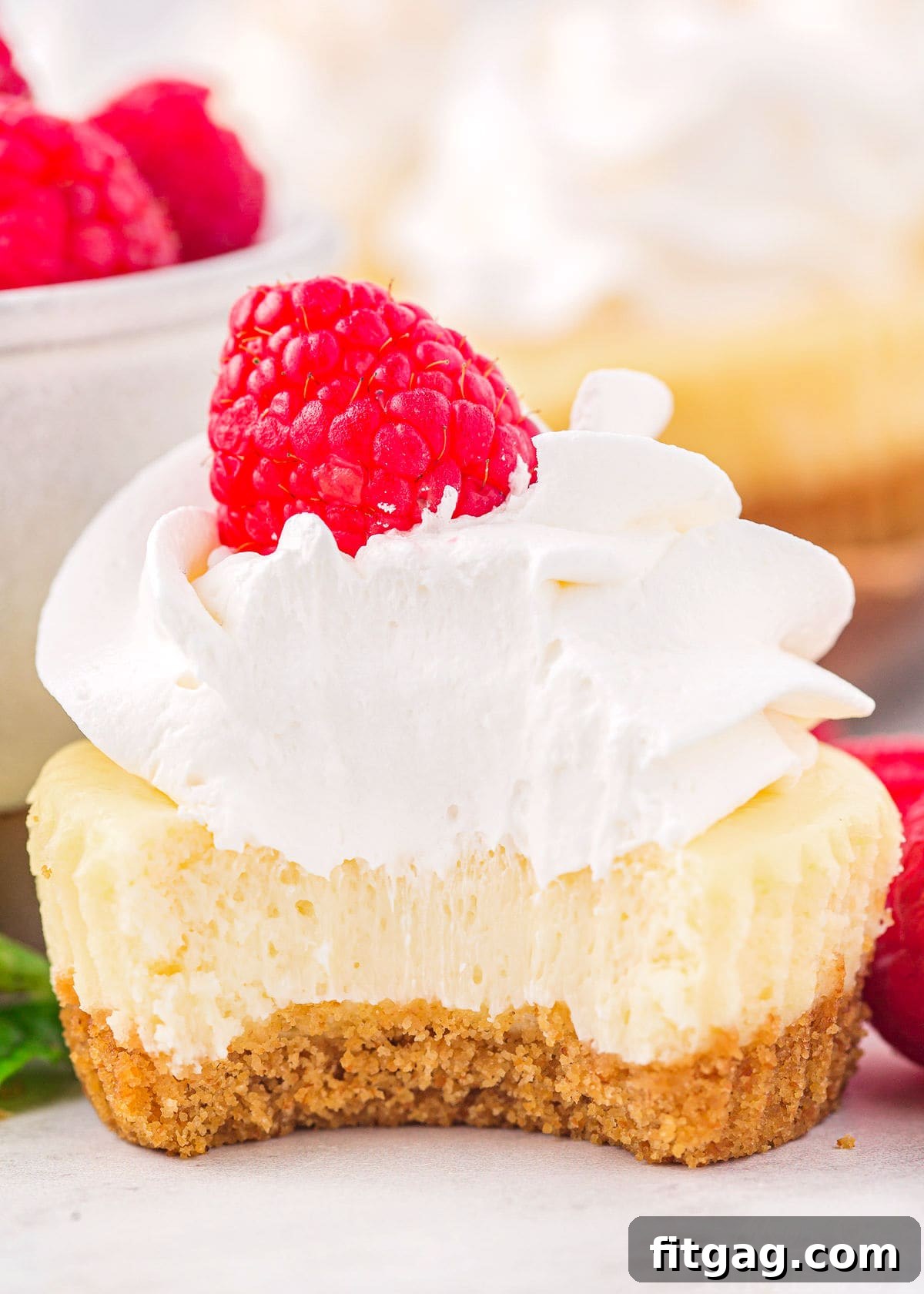 A close-up shot of a mini cheesecake with a bite taken out, revealing its creamy texture and the golden graham cracker crust.