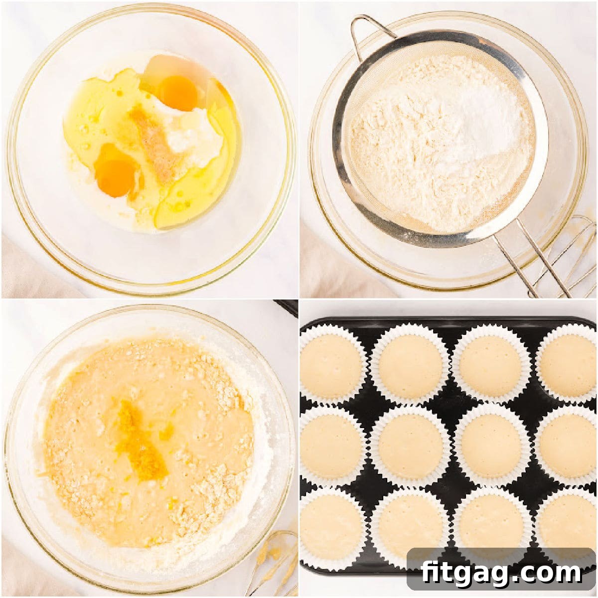 Tangy Meringue Cloud Cupcakes 4 A four-image collage demonstrating the step-by-step process of making light and fluffy lemon cupcakes, from mixing ingredients to baked results.