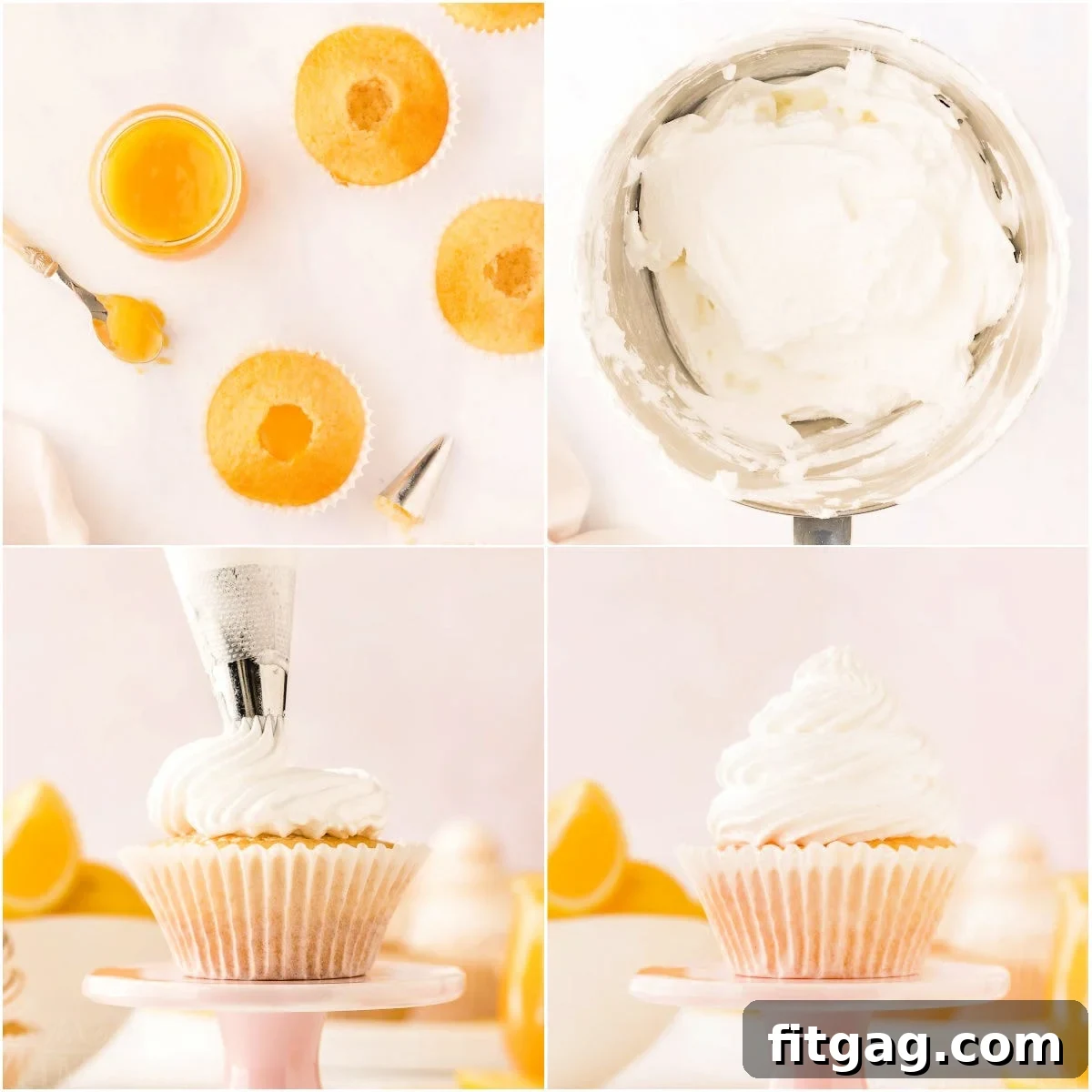 Tangy Meringue Cloud Cupcakes 5 A four-image collage showing the assembly process of lemon meringue cupcakes, from coring the cupcake to filling with lemon curd and piping the meringue topping.