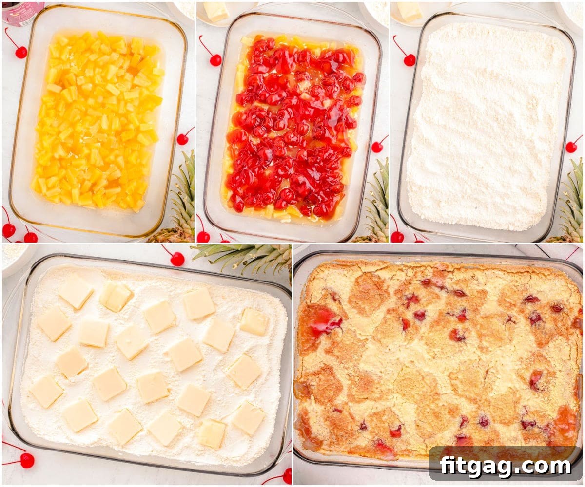 A five-image collage illustrating the step-by-step process of making a cherry pineapple dump cake, from layering ingredients to the final baked product.