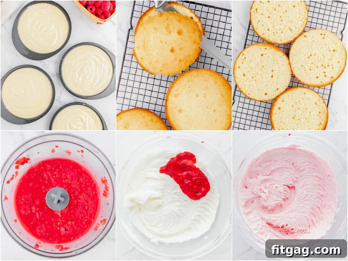 Luscious Raspberry Vanilla Cake 5 A six-image collage providing a step-by-step visual guide on how to prepare this Raspberry Vanilla Cake, including detailed shots of the raspberry buttercream preparation.