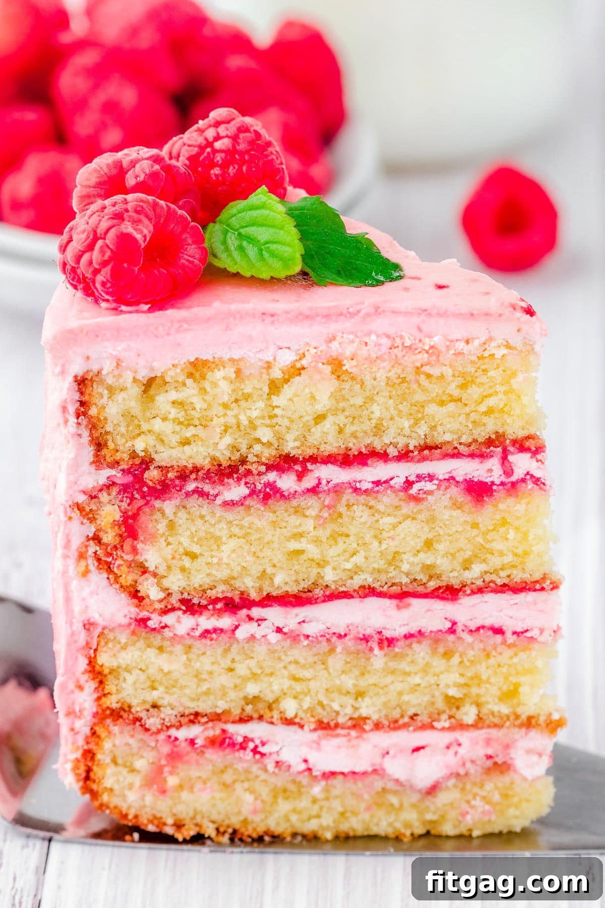 Luscious Raspberry Vanilla Cake 6 A tall, elegant slice of vanilla cake showcasing four distinct layers, each perfectly separated by rich raspberry buttercream. This visually appealing shot emphasizes the cake's structure and delicious filling.