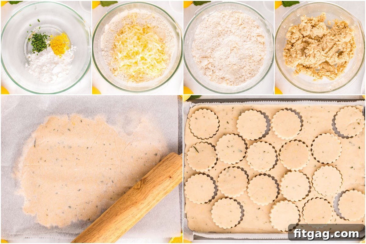 Zesty Lemon Basil Shortbread 4 A six-image collage visually demonstrating the step-by-step process of making lemon basil shortbread cookies, from mixing ingredients to shaping and baking.