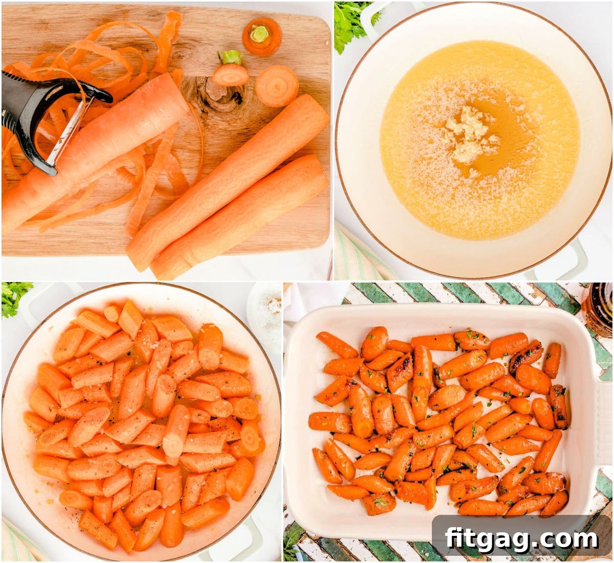 Honey Kissed Carrots 4 Four-image collage showing step-by-step how to make honey glazed carrots.