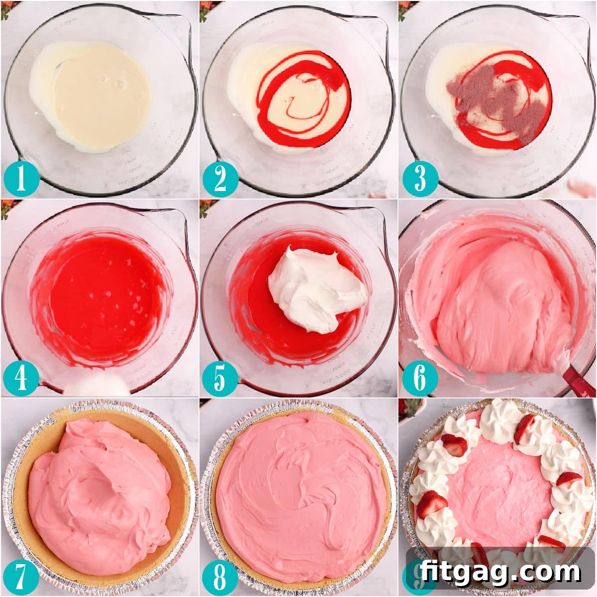 A nine-image collage vividly illustrating the step-by-step process of making a colorful Kool Aid pie, from mixing ingredients to the final chilled pie, guiding home bakers through each stage of preparation.